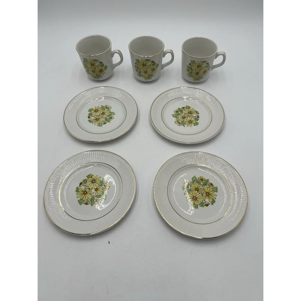 Staffordshire Summertime England 7 Pc Tea Set 3 Cups 4 Saucers Yellow Daisy